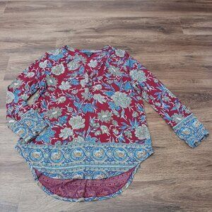 Lucky Brand Tunic Womens S Red Blue Beige Viscose V Neck 3/4 Sleeve Pullover Top